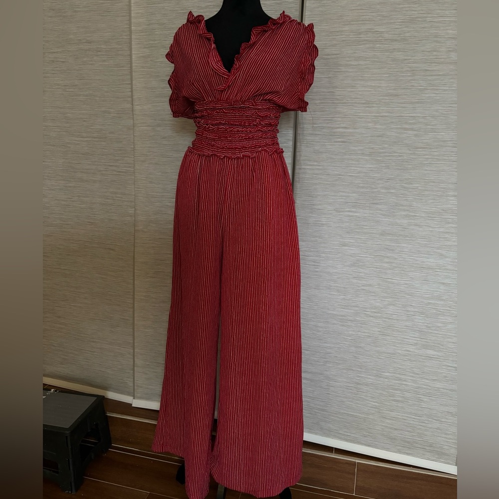 V-Neck Jumpsuit | Red & White